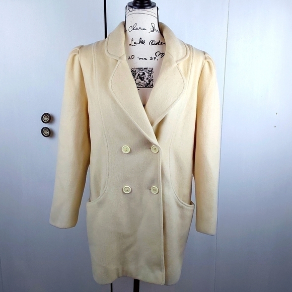 Herman Kay Petites- Womens Cream Double breasted Wool Dress Coat Neutral Sz.L - Picture 1 of 11
